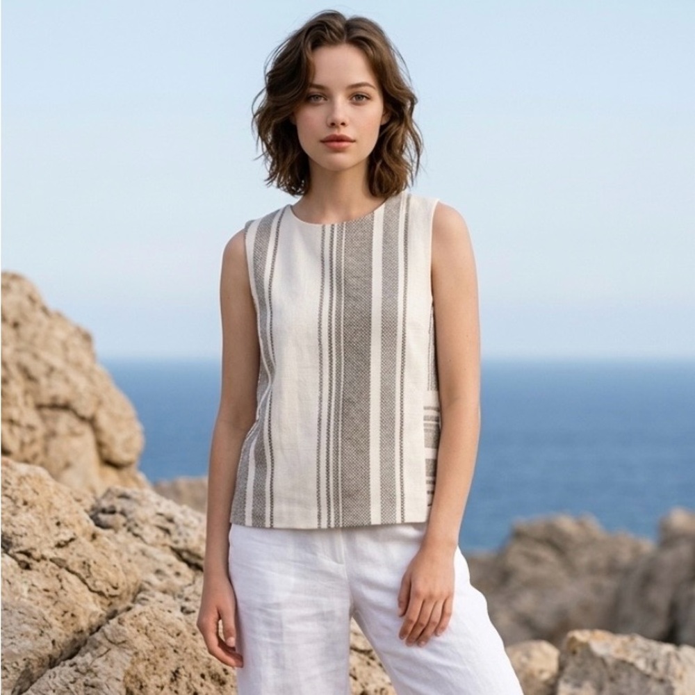 TORY BURCH Tank Striped Southwest White Gray Beige Top Blouse Textured